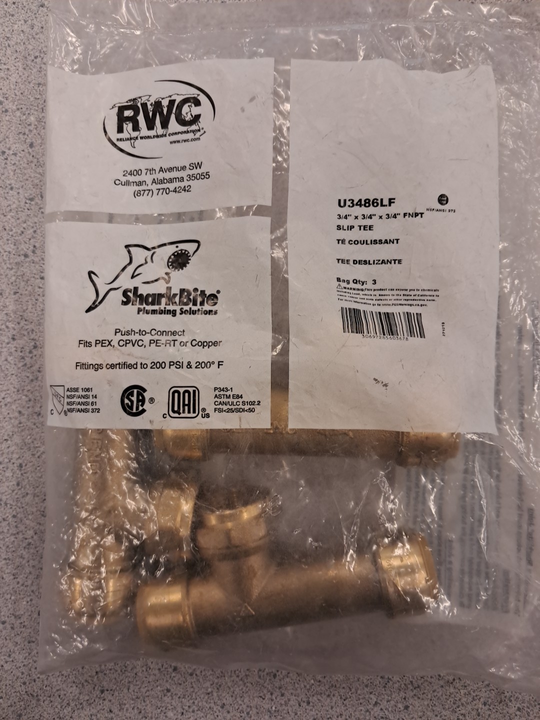 SharkBite U3486LF 3/4" x 3/4" x 3/4" FNPT Slip Tee 1ea (Read Description)