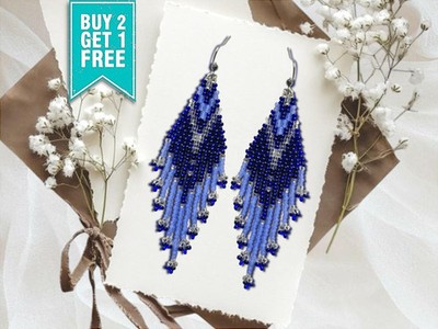 Blau und Silber Muster Boho Perlen Ohrringe - lange Chandelier Fransen Hänger,