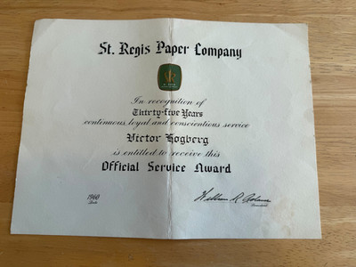 1960 St. Regis Paper Company 35-year Official Service Award