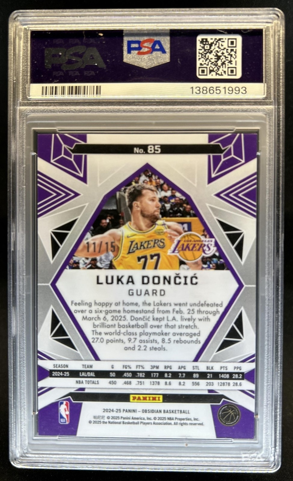 2024-25 Panini Obsidian Luka Doncic Electric Etch Hot Springs #/15 Lakers PSA 10 view 2