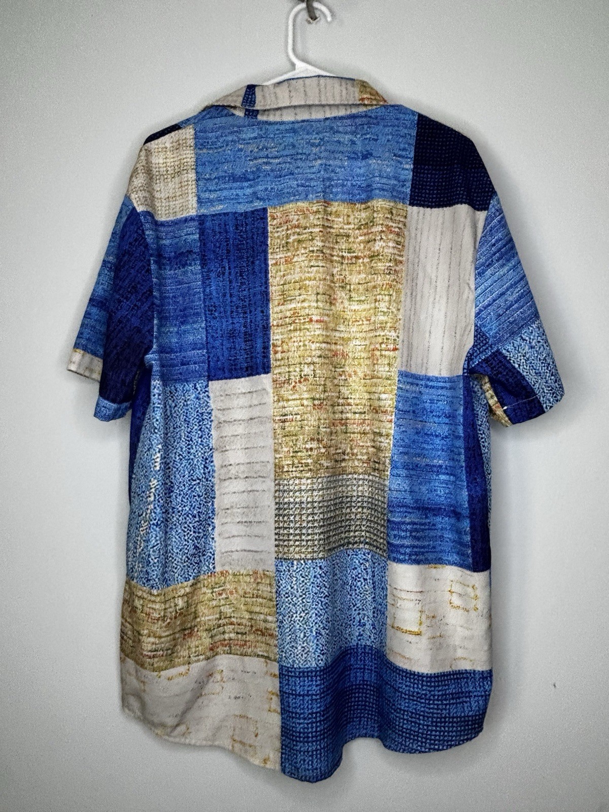 L Blue Beige Multicolor Patchwork Short Sleeve Bu… - image 2