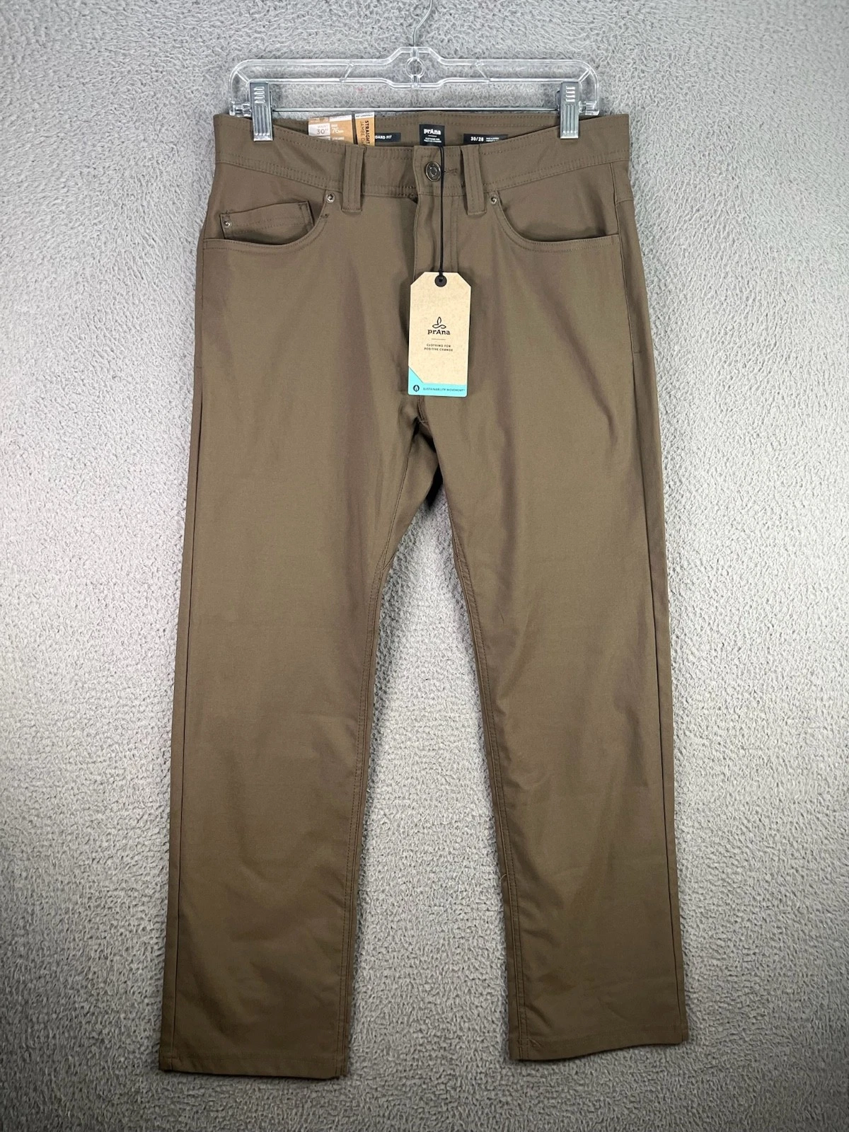 PRANA Mens Pants BRION Slim Fit Water Repellant UPF Dark Khaki Sz 28 X 34 NWT