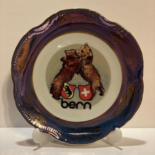Vintage picture plate Swiss capital Bern Bear gold rim Europe decorative plate
