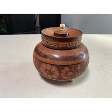 Vintage Hand Carved Footed Wooden Trinket Box Floral Etched Lidded Jar Brown