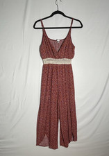 Womens Lt Maroon Floral Jumpsuit Boho Cottagecore Hippie Fairy Peasant Sz Lg