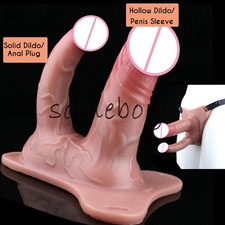 Soft Silicone Solid Hollow Integrated Double Head Strapon Penis Sleeve for Men