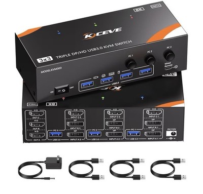 KVM Switch 3 Monitors 3 Computers 8K@60Hz/4K@120Hz, HDMI DP KVM Switches for ...