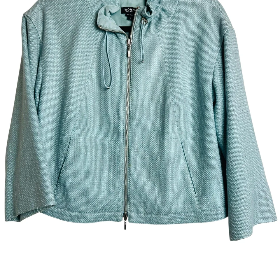 Chaqueta Worth New York Mujer Pequeña Seda Texturizada Cremallera Completa Cuello Embudo Hecha en EE. UU. Foto 3 de 4