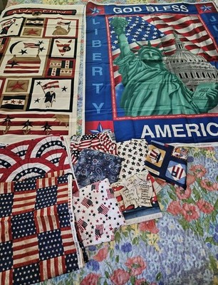 Lot Of 10 Pieces Of VTG Patriotic Fabrics Including 2 Panels Cotton Fabrics Read