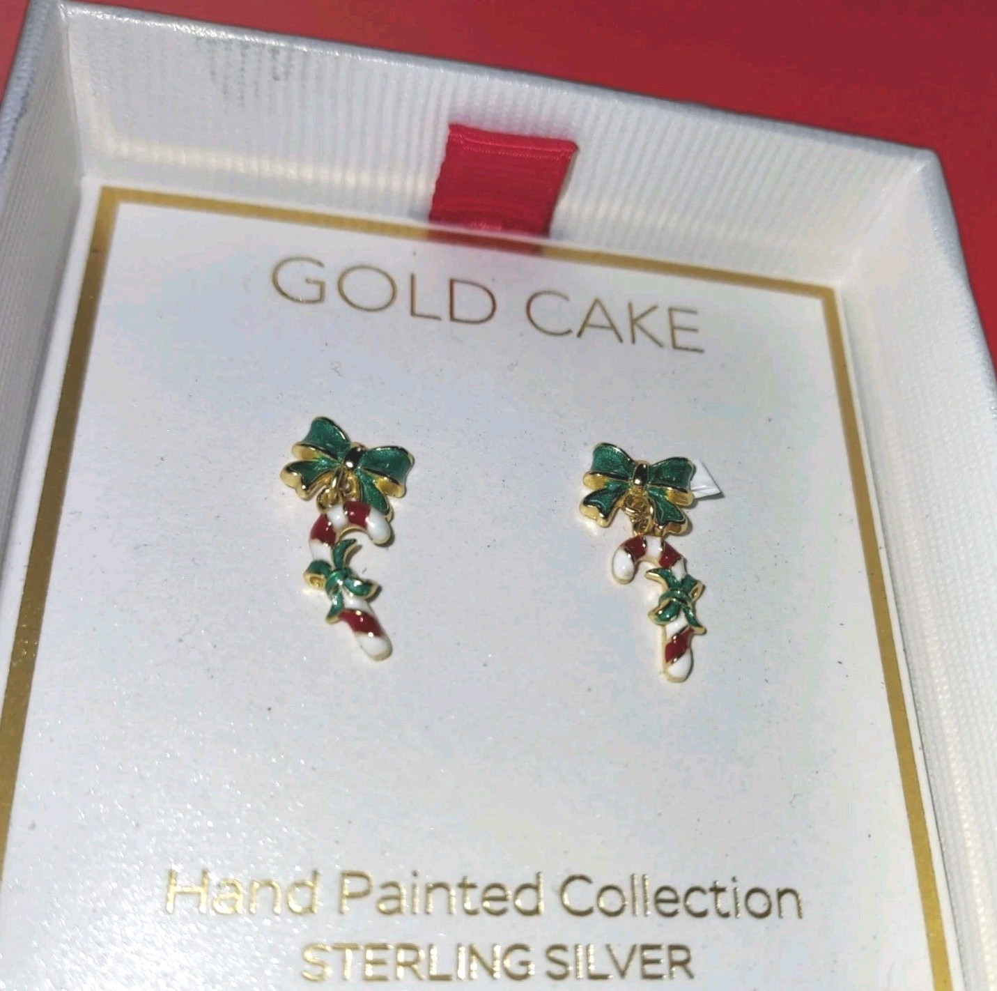 Bastón de Caramelo Brillante Navidad Pastel Dorado con Arcos Verdes Pendientes Pintados a Mano NUEVO