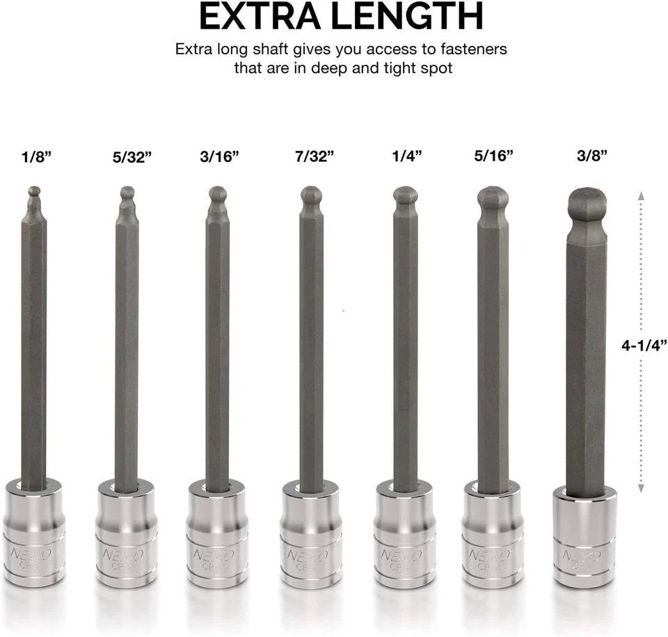 Neiko 10072A 3/8" Drive Extra Long Allen Hex Bit Socket Set, SAE, 1/8" - 3/8" | - Image 4 of 4