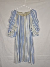 Indigo Rose Womens Shift Dress Blue/Beige Lined Scoop Neck 3/4 Sleeve Ruffle L 