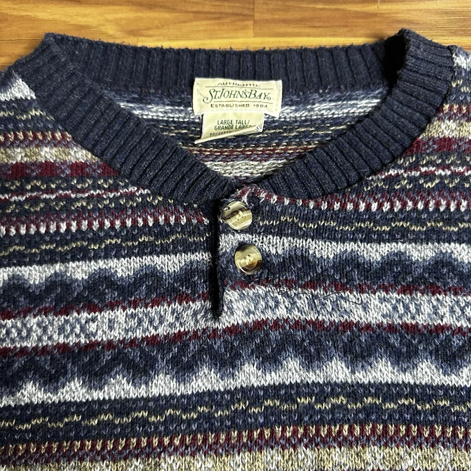Vintage Fair Isle Nordic Sweater Mens Large Tall St Johns Bay Henley Button USA - Image 2 of 4