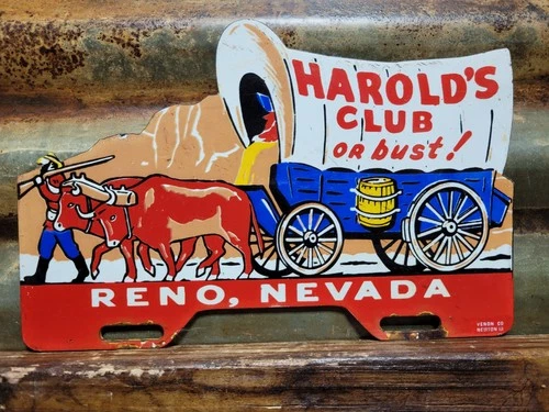 VINTAGE HAROLDS CLUB PORCELAIN SIGN OLD RENO NEVADA CASINO GAMBLING HOTEL WAGON