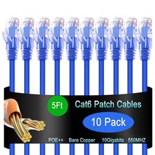 Cat6 Ethernet Patch Cable 10 Pack, 5 ft, 10G, Network, Data Center, Blue