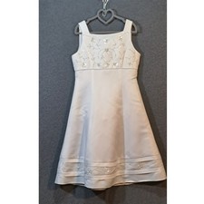 White Satin Flower Girl Dress Beaded Bodice Square Neck Sleeveless Back Buttons