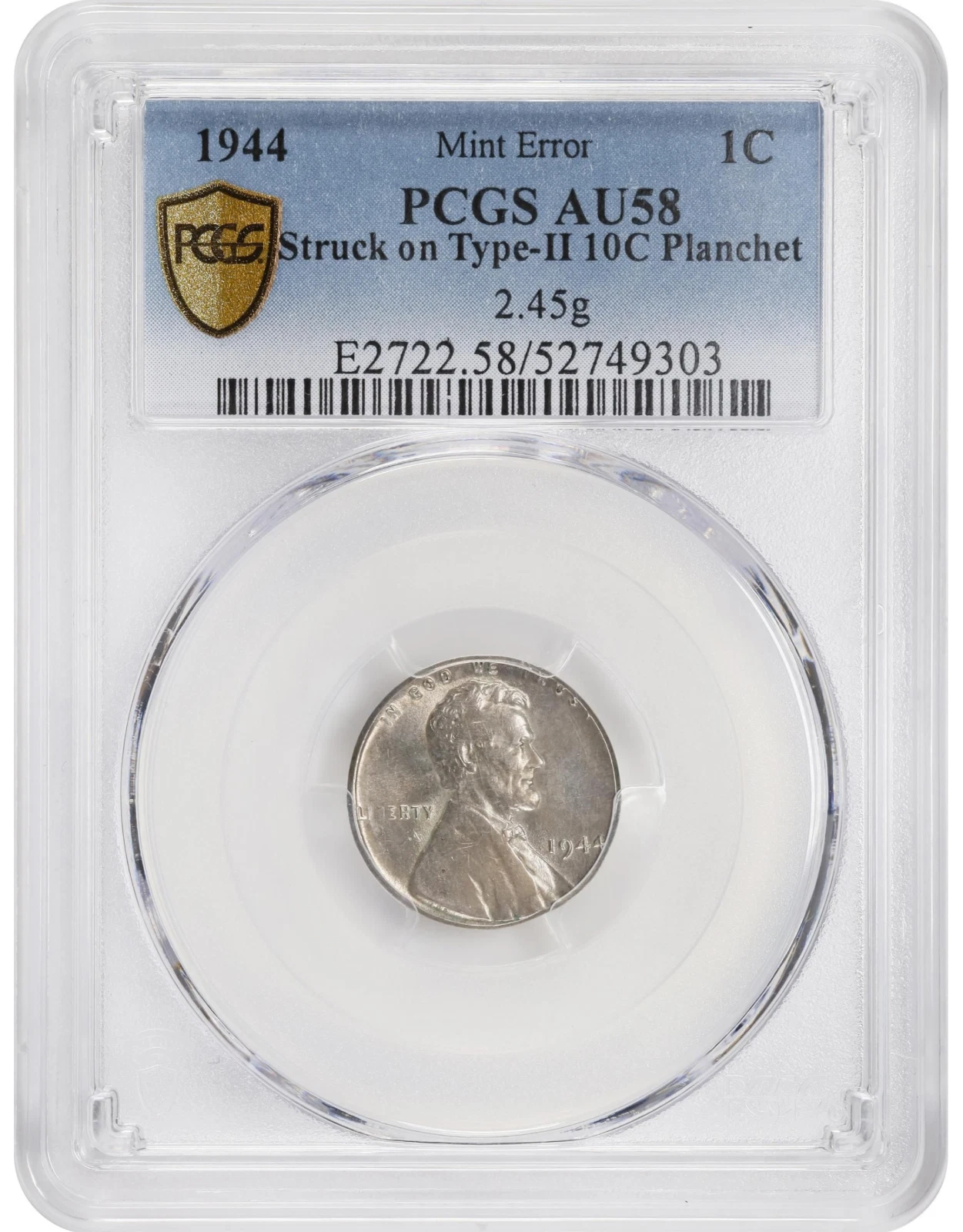 1944 PCGS AU58 Lincoln Cent Struck on SILVER Dime 🔴 Wartime 1C on 10C Planchet