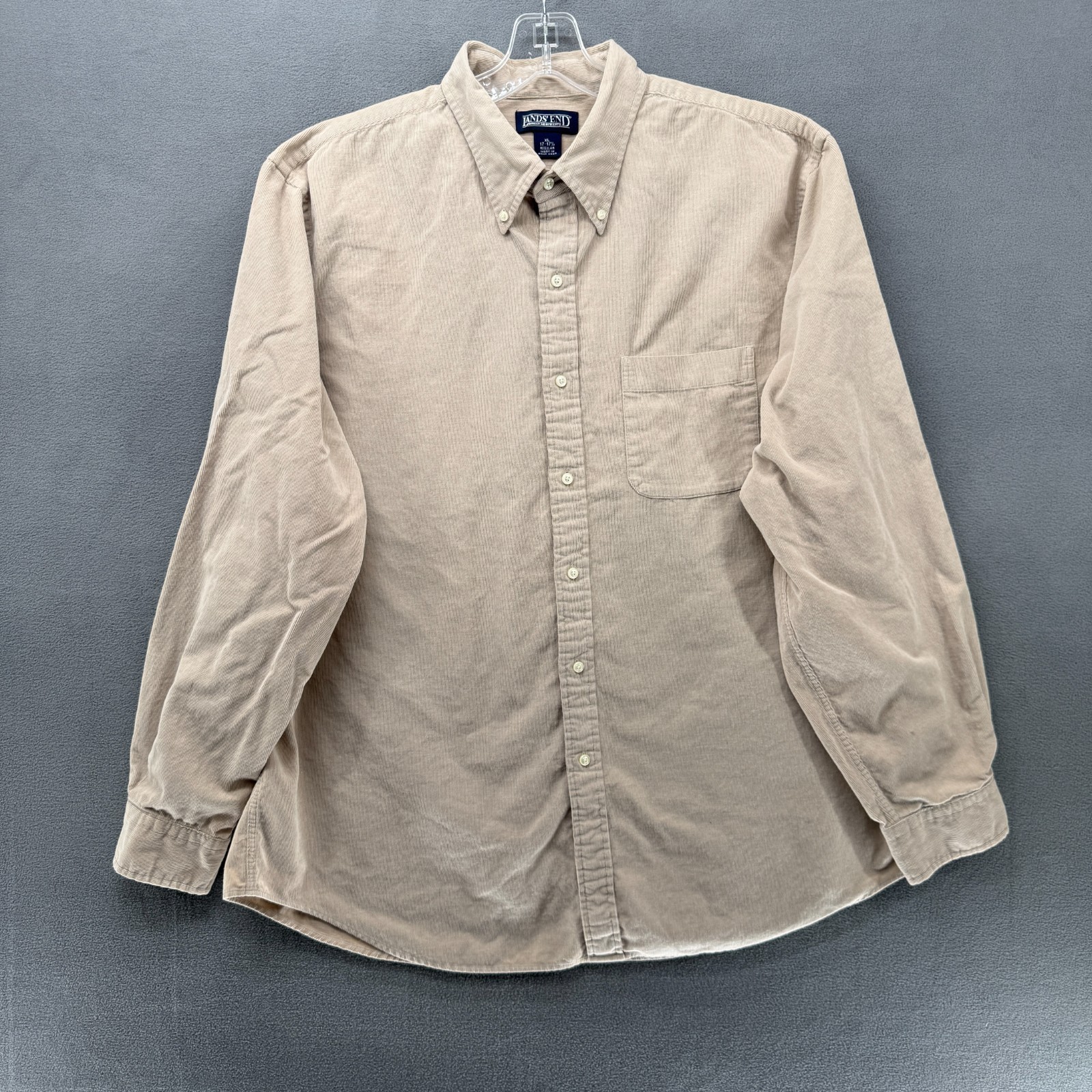Lands' End Shirt Mens XL 17-17.5 Regular Beige Corduroy Long Sleeve Button Down