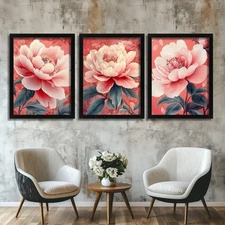 Pink Peony Flower Wall Art Luxurious Set Of 3 Prints Coral Pictures For Home