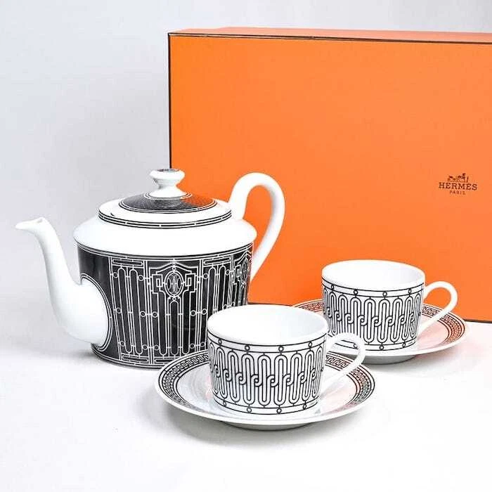 Hermes H Deco Tea Cup Saucer Pot White Black Tableware set Coffee