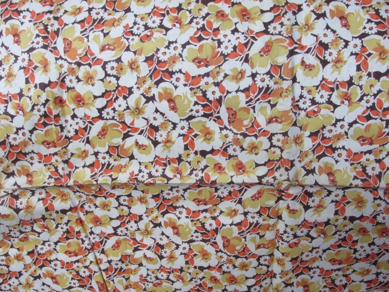""IVORY, ORANGE & GOLD FLOWERS ON BROWN BACKGROUND - VINTAGE ESTATE FABRIC""