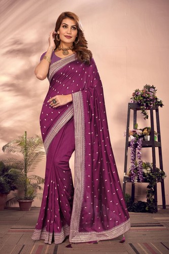 Wine Designer Heavy Zari Embroidery Work Sari Silk Party Wear Saree with Blouse