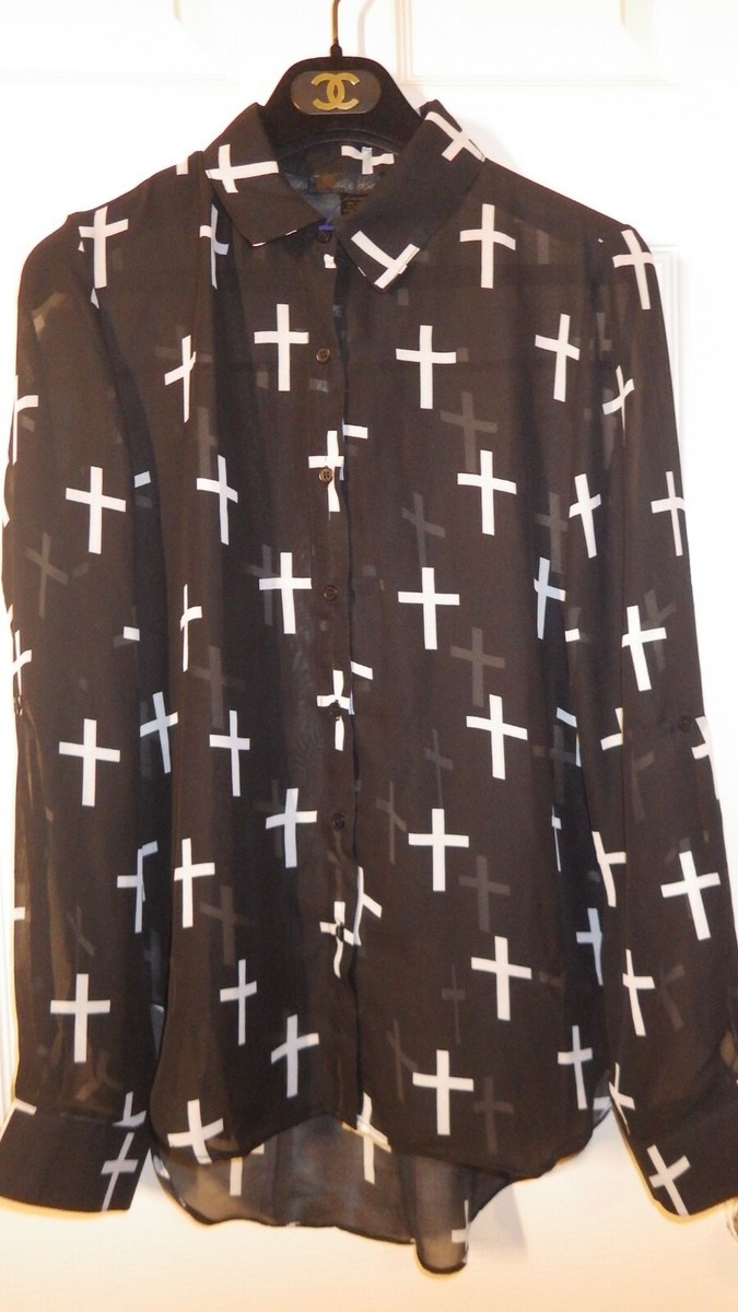 Blouse Lime Blue En Chiffon Noir Avec Croix - Manches Ajustables Et Style Décontracté