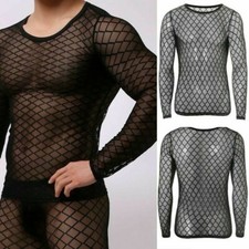 Hommes Maille Pur Extensible T-Shirt Résille Manche Longue T-Shirt Transparent