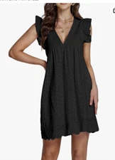 Lyaner L/XL Black Romper Mini Aline Dress  Ruffle Cap Sleeve Eyelet