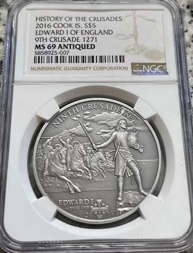 2016 Cook Islands History Of Crusades Antiqued Finish Silver Coin NGC MS 69