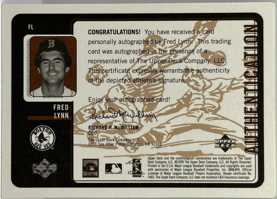 Fred Lynn AUTO 1999 Upper Deck Inkredible ON CARD AUTOGRAPH Card Boston Red Sox - Image 2 of 2