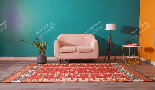 Handwoven Wool And Jute Kilim Rug Red Color Jute Area Rug For Home Decor Jute - Picture 3 of 8