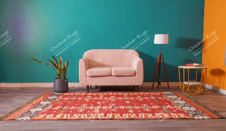 Handwoven Wool And Jute Kilim Rug Red Color Jute Area Rug For Home Decor Jute - Image 3 of 4