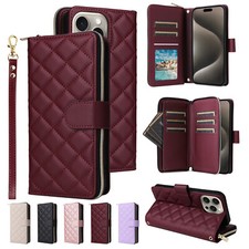 For iPhone 11-15/Samsung S21-S24 Magnetic Leather Zipper Wallet Card Cover Strap