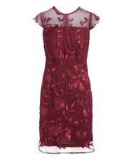 Shelby Nites- Floral Overlay Flutter-Sleeve Dress, Size: 16, color: Red Wine