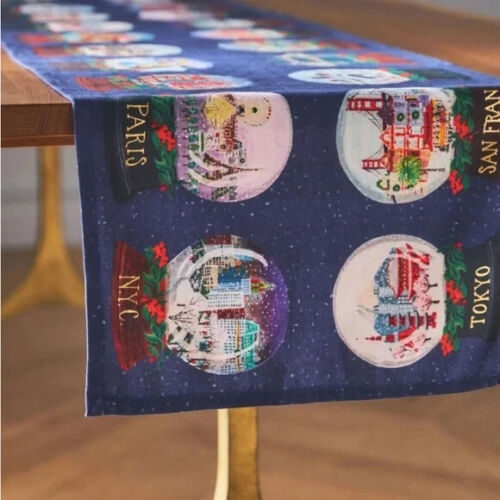 Anthropologie Table Runner TRAVEL SNOW GLOBES Holiday In The City Cotton 90" NWT - Picture 3 of 3