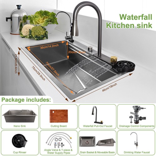 Undermount Kitchen Sink Quiet Drain Stainless Steel Single Bowl Waterfall Faucet - Picture 2 of 9