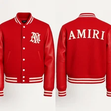 AMIRI Red Varsity Bomber Jacket Men’s Letterman Style AM Patch Logo Baseball