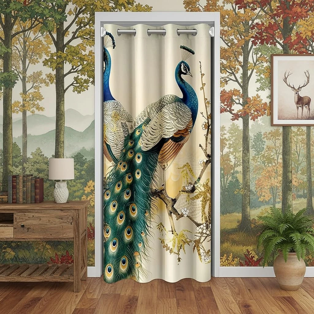Vintage Peacock Door Curtain for Doorways Privacy Japanese Style Doorway Curt...