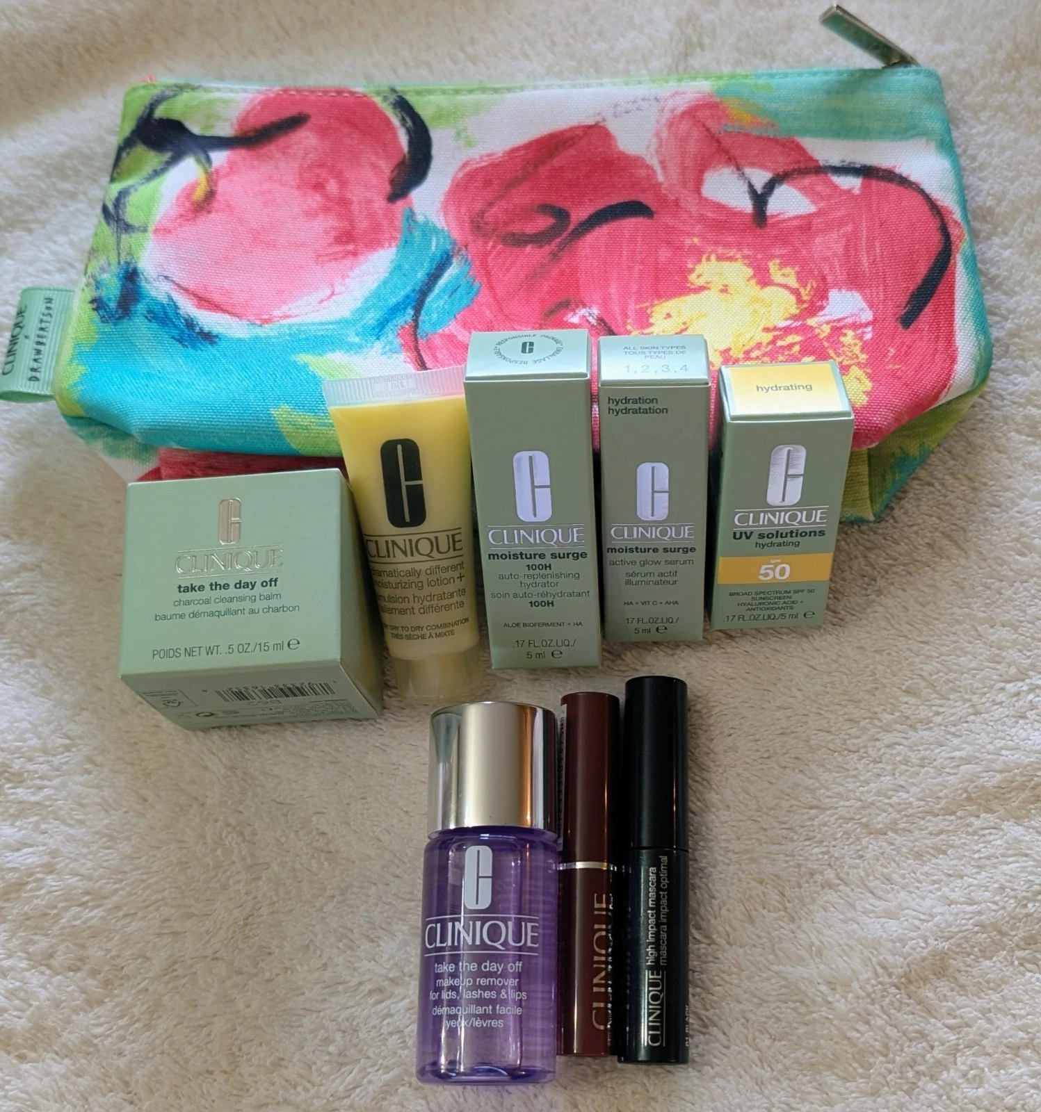 Clinique 9-Piece Skincare & Makeup Travel Gift Set Black Honey Floral Pouch