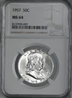 1957 FRANKLIN SILVER HALF DOLLAR NGC MS 64 REAL BEAUTY, FREE SHIPPING!