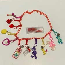 Vtg 80's Clip Chain Bell Charm Necklace Red 12 Plastic Clip On Charms 24”L Desc