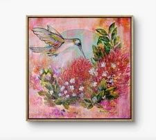 Original Expressionist 14 x 14 Hummingbird and Pinks Acrylic Painting on Canvas