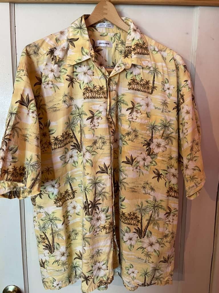 Pierre Cardin Mens Hawaiian Shirt Yellow Island Palms Floral 100% Cotton Size L