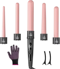 5-in-1 Interchangeable Curling Iron Set with Heat Protective Glove - Rose Gold