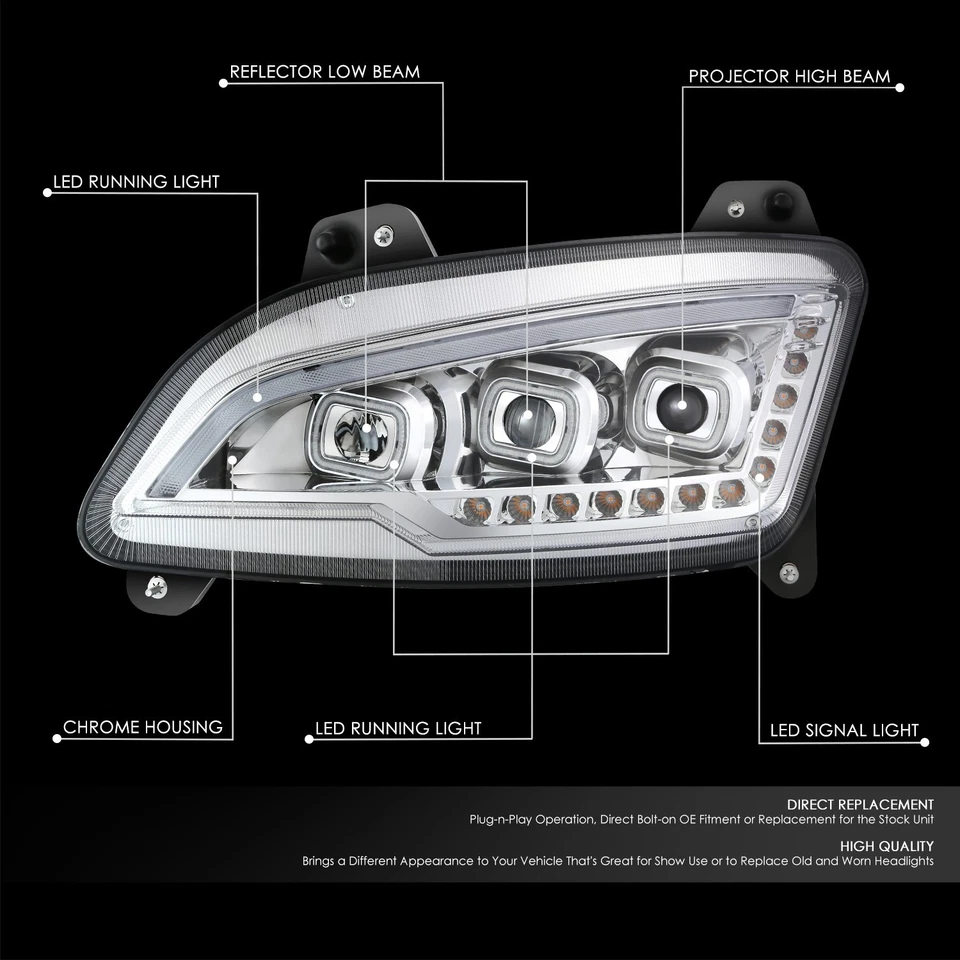 For 22-25 Peterbilt 579 Full LED Sequentail Signal Projector Headlights Chrome Foto 2 de 4