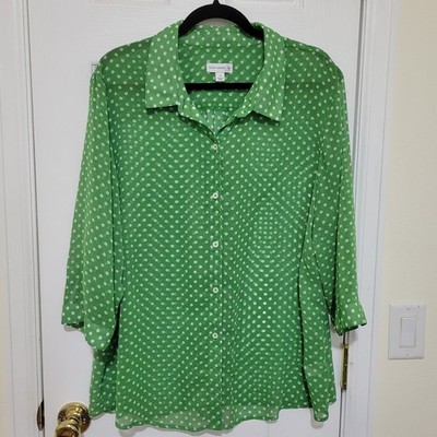 Susan Graver Green Polka Dot Button Front Blouse 3/4 Sleeve Plus Size 1X