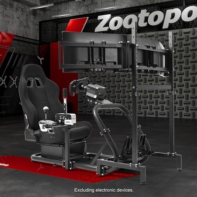 Zootopo Racing Sim Cockpit With Black Seat Triple TV Stand Fit For Thrustmaster