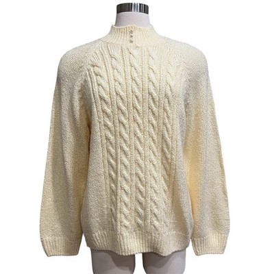 Karen Scott Cable Knit Sweater XL Almond Cream Pearl Button Neutral Pale Yellow