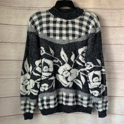 Vintage Nan Dorsey Gray and White Check and Floral Knit Sweater